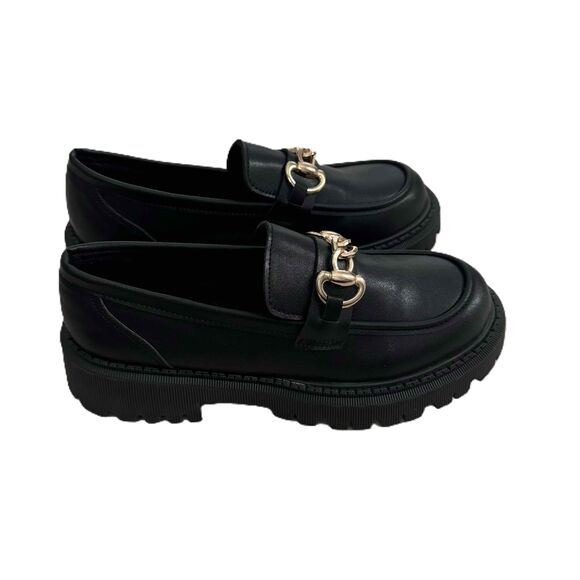 Lug Sole Loafers Black Gold Chain Embellished Chunky Sole Polished NWOT Size 40 - Picture 6 of 10